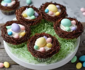 Delicious Easter Egg Nest Cupcakes decorated with colorful candies and chocolate sprinkles.