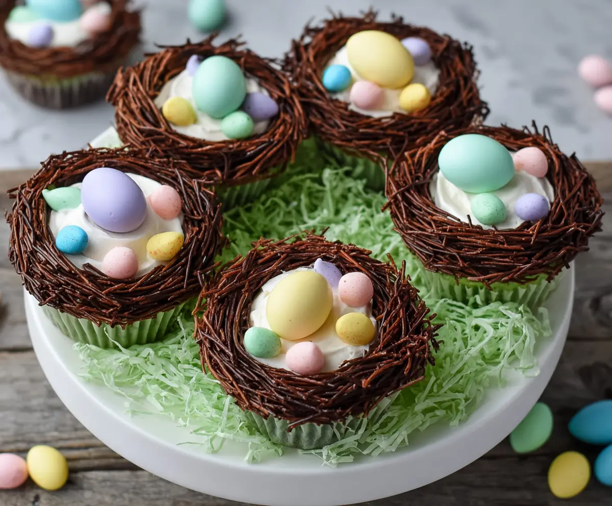 Delicious Easter Egg Nest Cupcakes decorated with colorful candies and chocolate sprinkles.