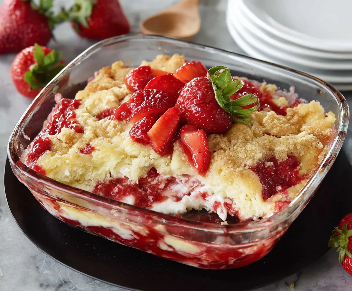 Delicious Easter Strawberry Cheesecake Dump Cake with fresh strawberries and creamy cheesecake topping