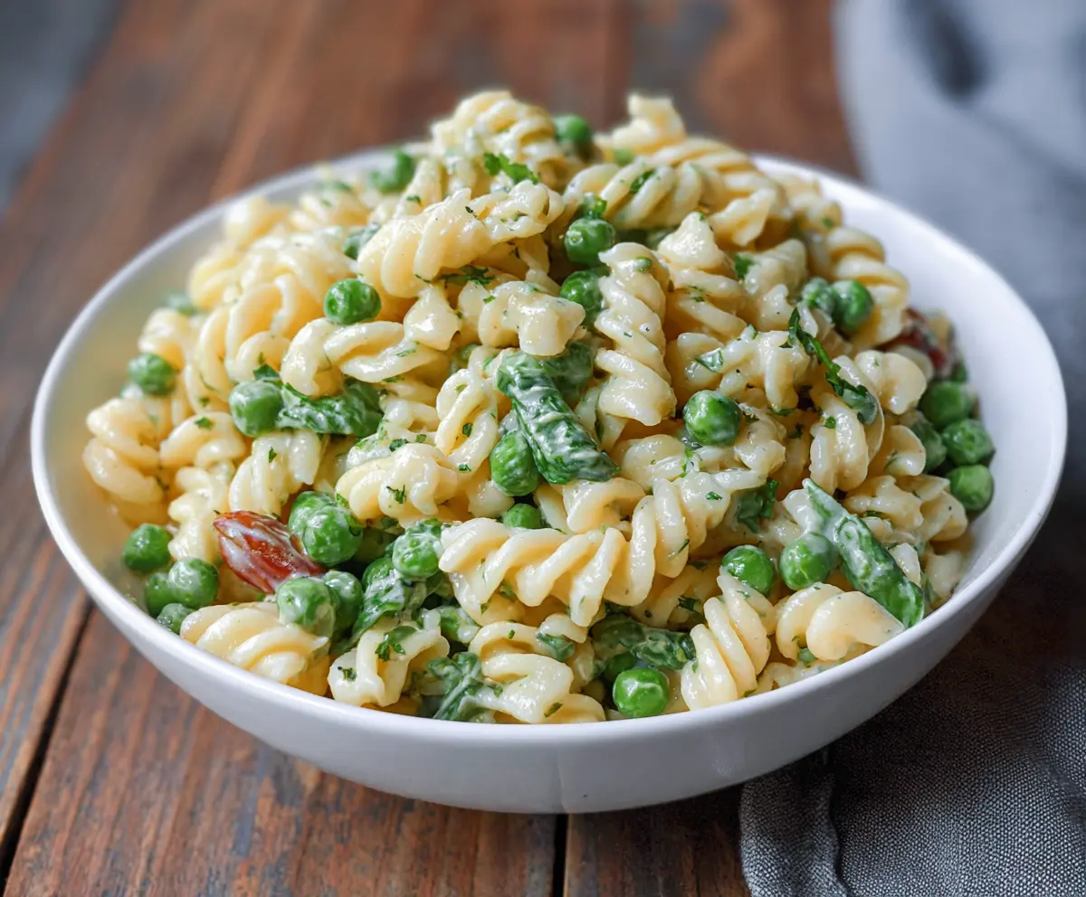 Fresh English pea pasta salad with herbs and vegetables, perfect for summer meals