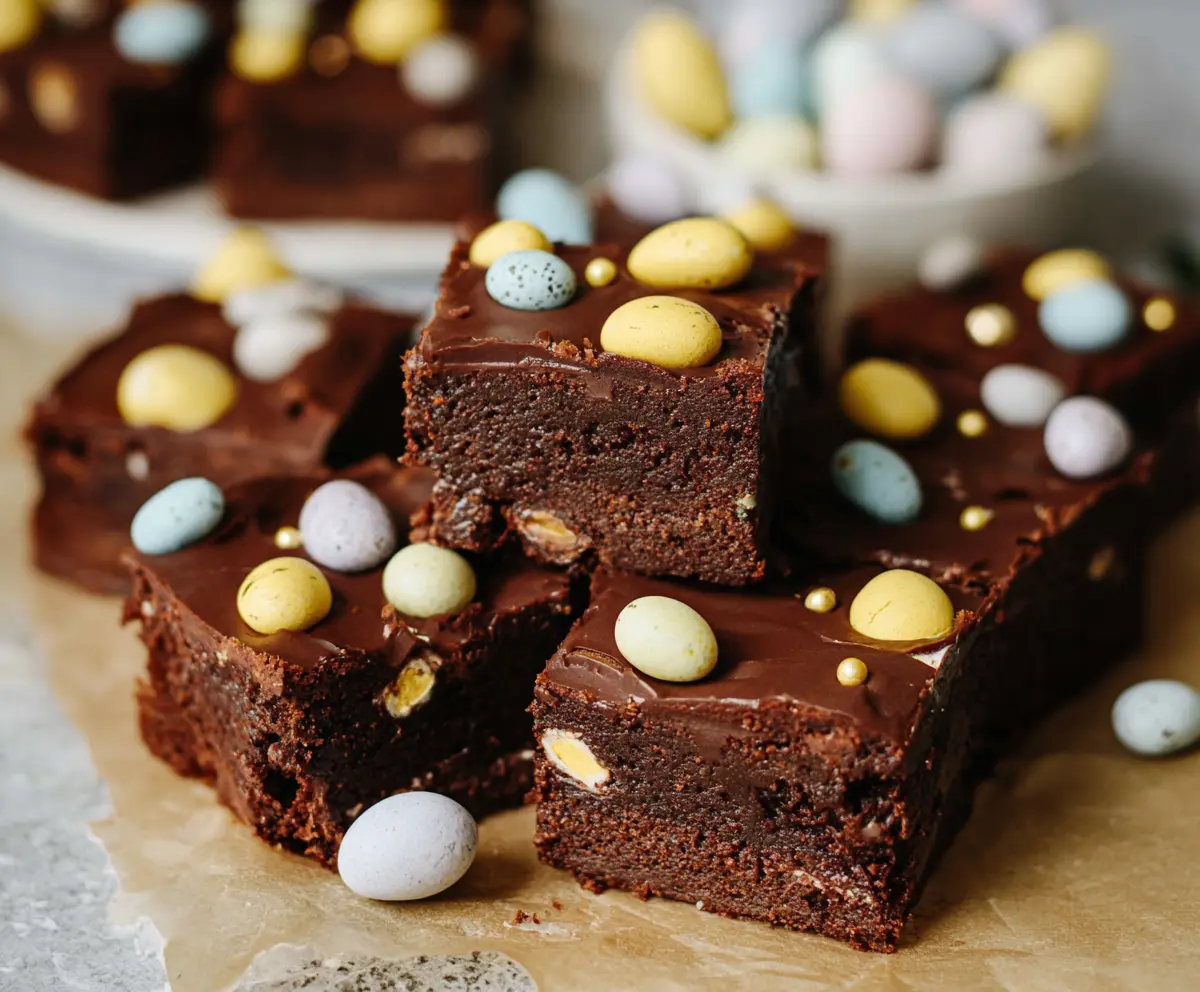 Delicious Frosted Mini Egg Easter Brownies topped with colorful mini eggs for a festive treat.