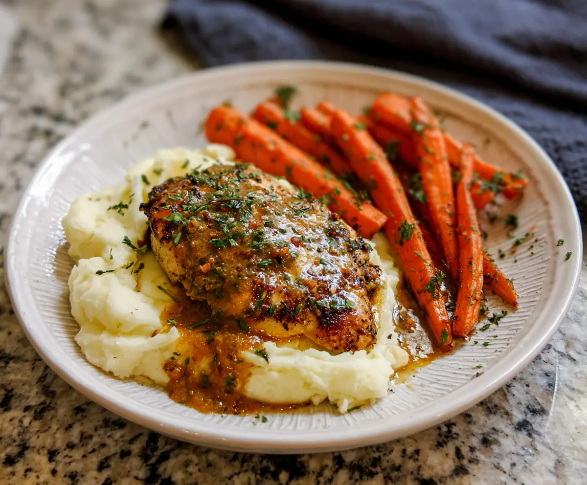Delicious garlic herb chicken served with creamy mashed potatoes and glazed carrots on a white plate.