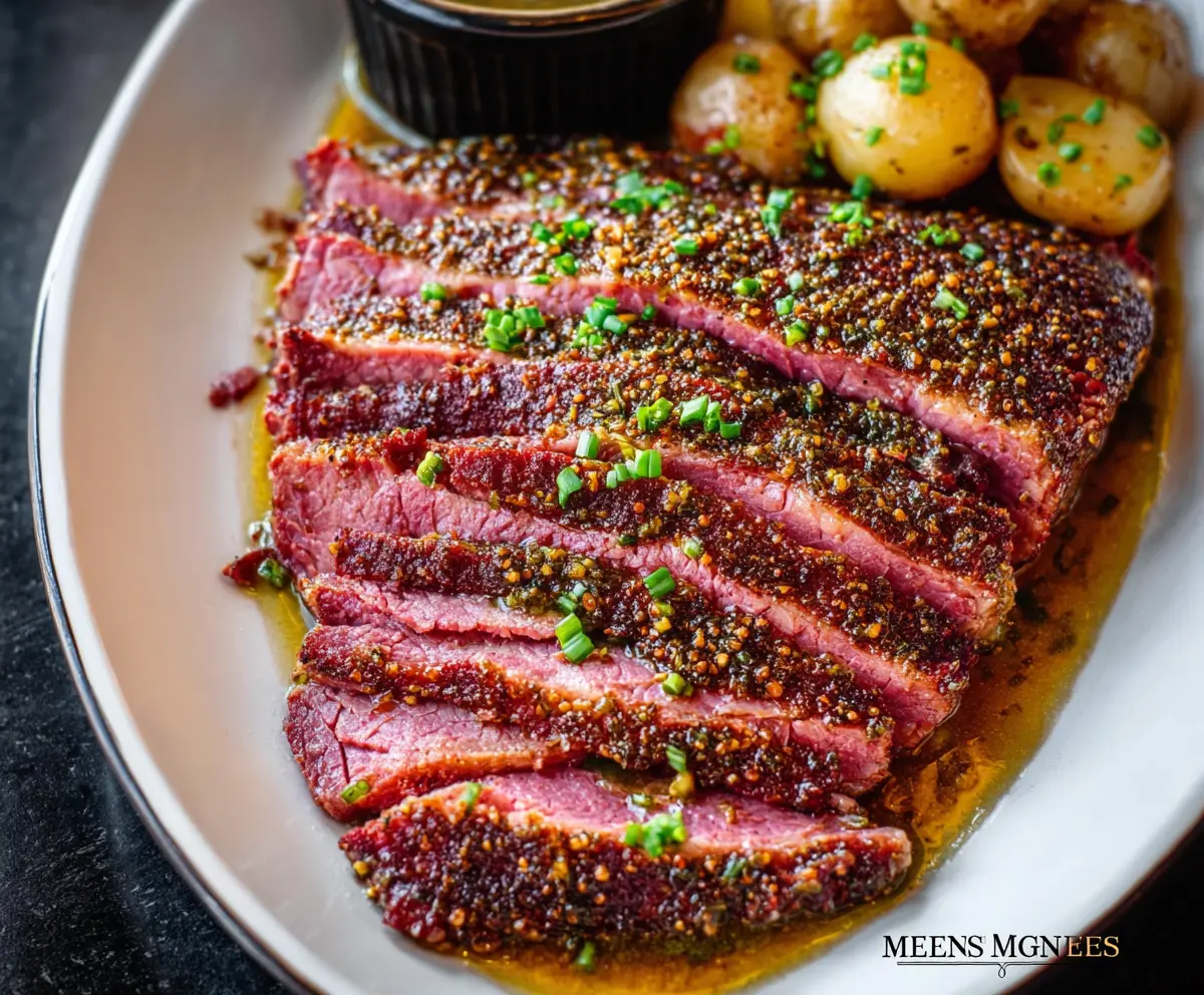 Delicious Guinness Braised Corned Beef served with cabbage and potatoes