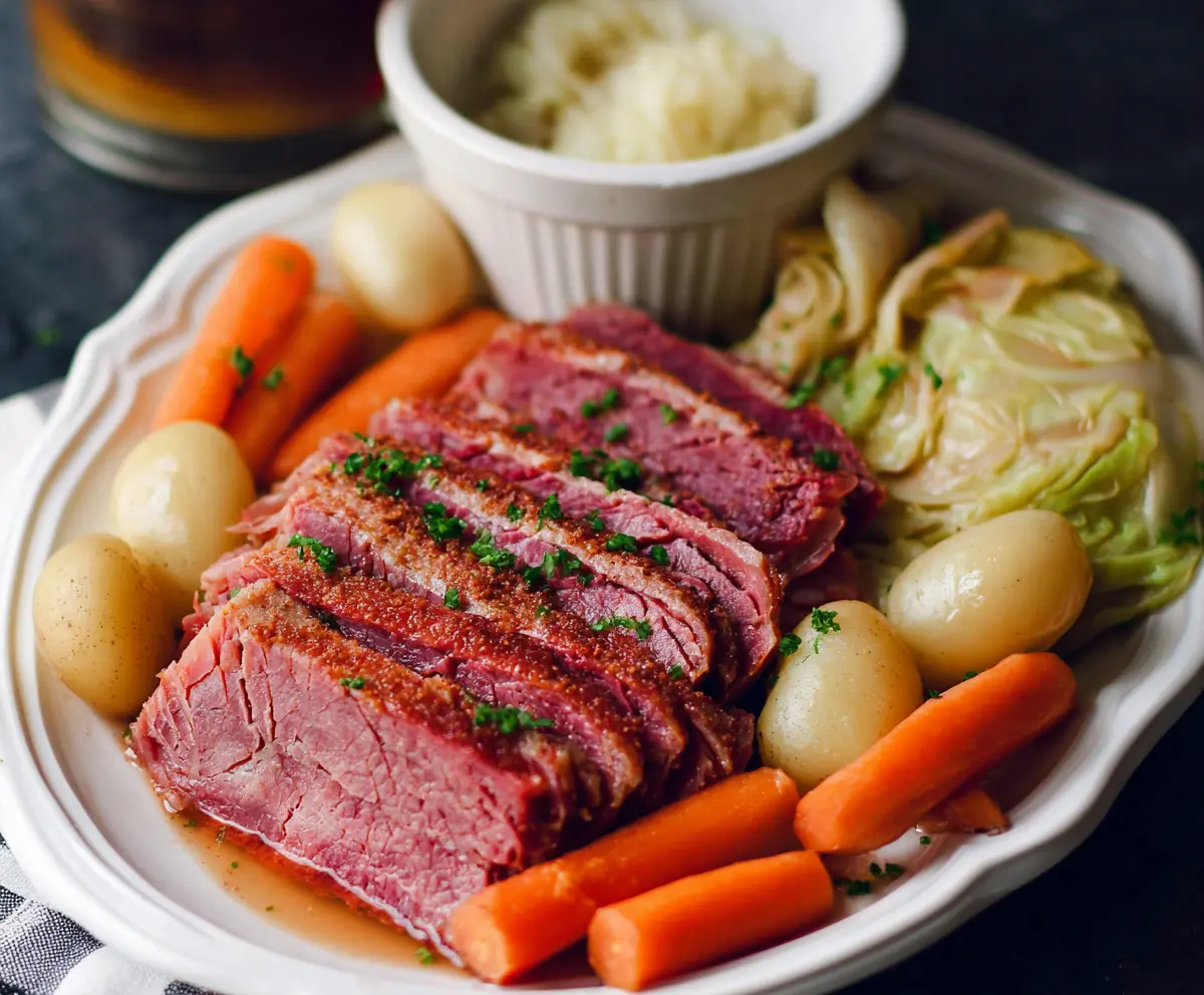 Delicious homemade Instant Pot corned beef and cabbage served with fresh vegetables.