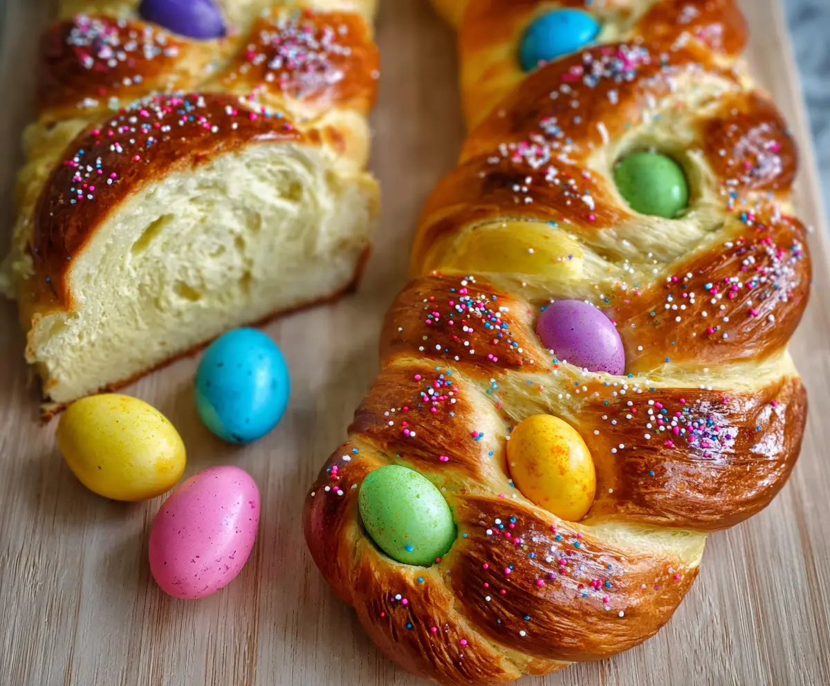 Delicious Italian Easter bread adorned with vibrant, colorful eggs for a festive celebration.