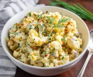 Keto cauliflower potato salad served in a bowl, topped with herbs and spices, low-carb vegan side dish.
