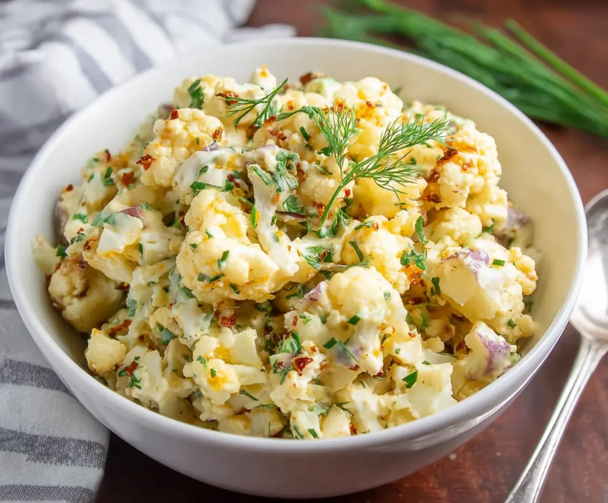 Keto cauliflower potato salad served in a bowl, topped with herbs and spices, low-carb vegan side dish.