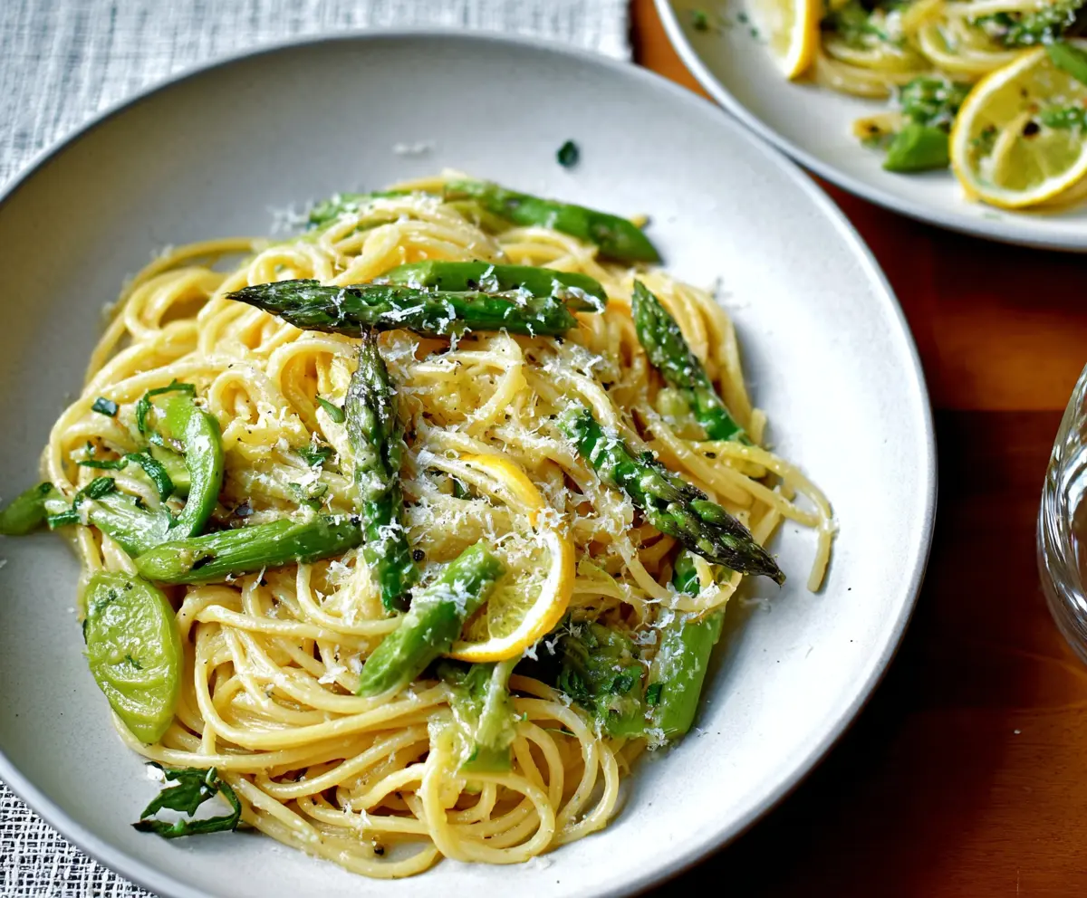Creamy lemon asparagus pasta served on a white plate, garnished with fresh herbs, perfect for a light vegetarian meal.