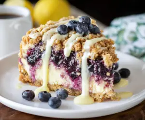 Delicious Lemon Blueberry Crumble Cheesecake with fresh blueberries and a golden crumble topping.