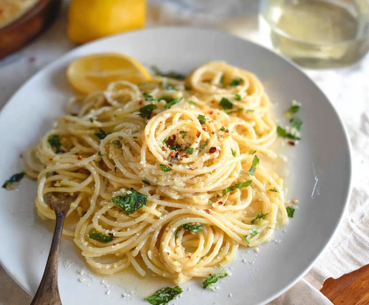 Delicious Lemon Butter Garlic Pasta garnished with fresh herbs on a white plate