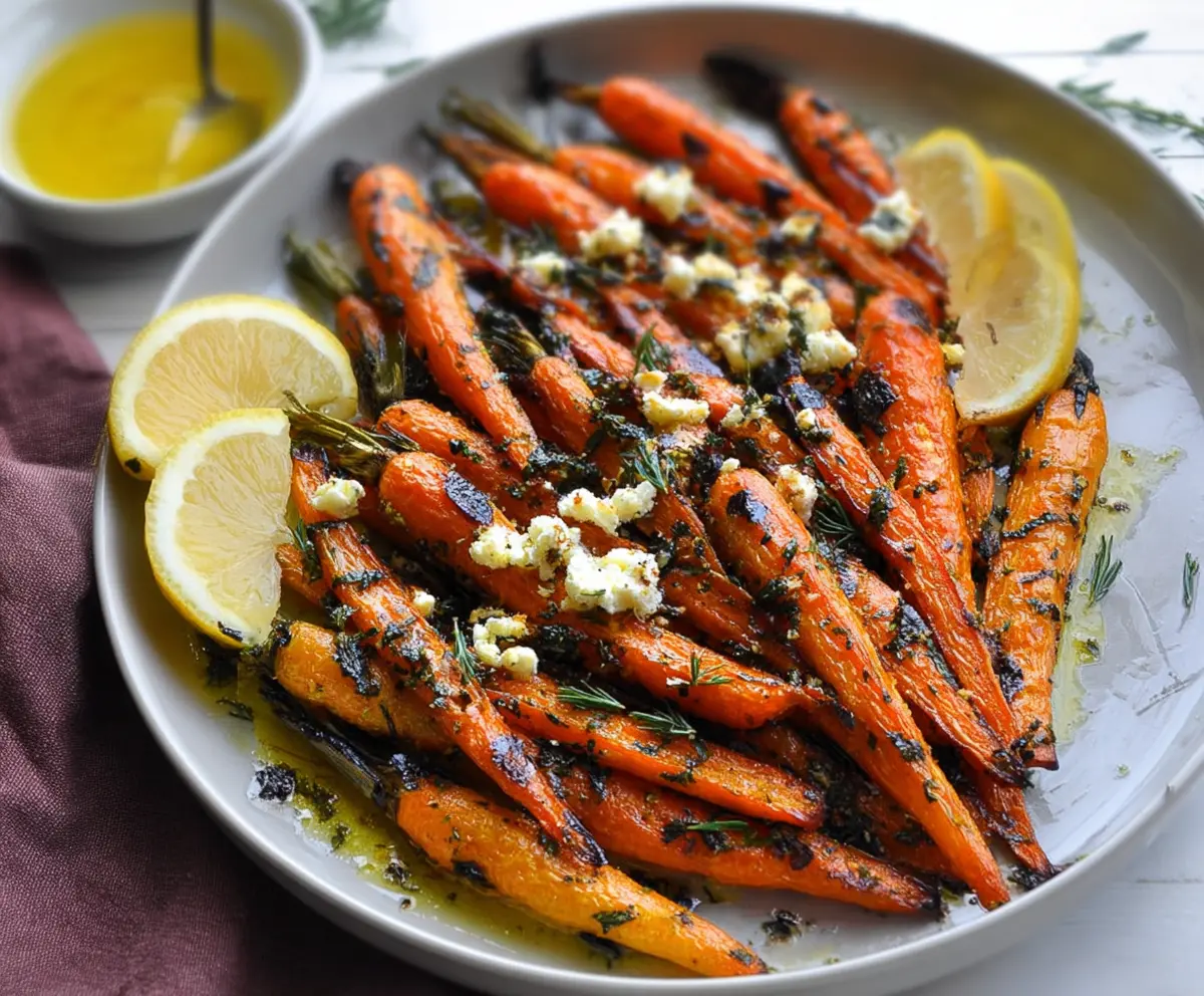 Delicious lemon Dijon roasted carrots garnished with fresh herbs in a rustic bowl.