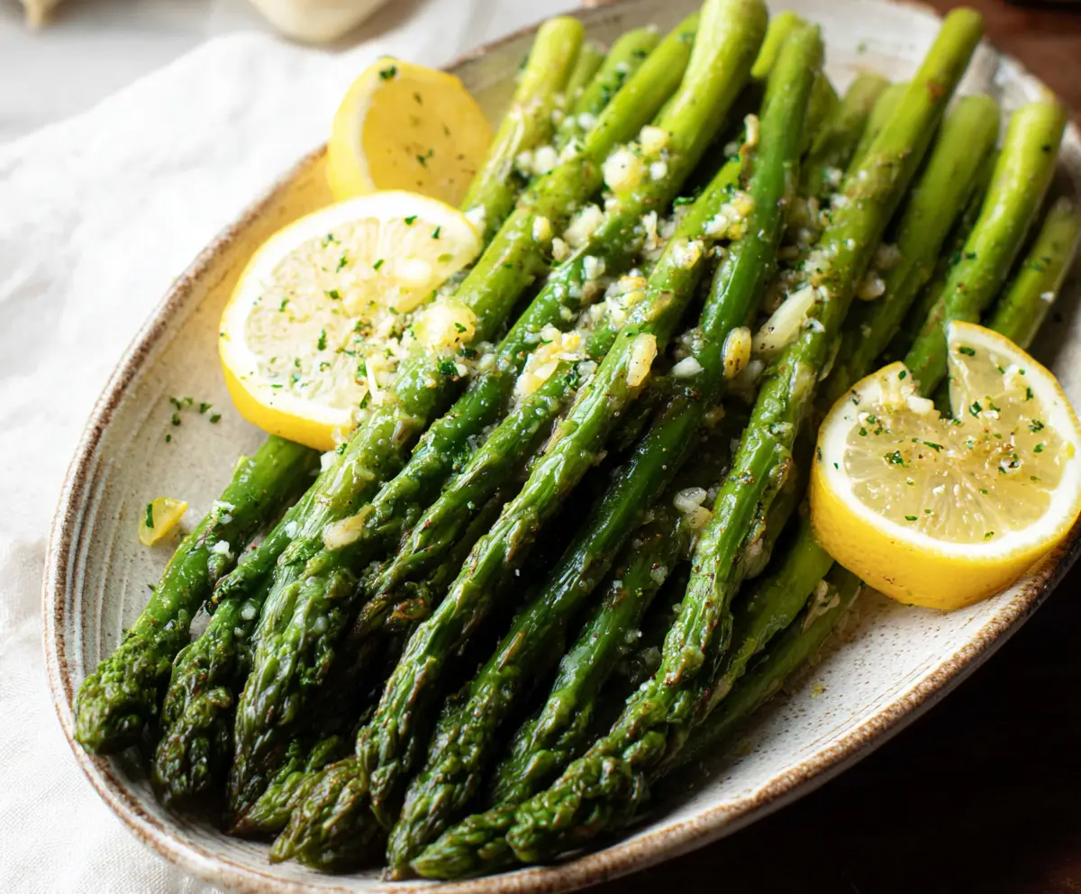 Close-up of fresh lemon garlic asparagus on a white plate, highlighting vibrant green spears with lemon slices and garlic cloves.