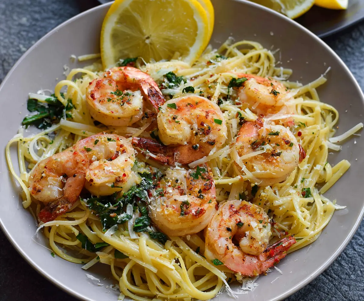 Delicious Lemon Garlic Shrimp Pasta served in a white bowl, garnished with fresh herbs.
