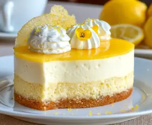 Delicious Lemon Mousse Cake with a light, fluffy texture topped with fresh lemon slices