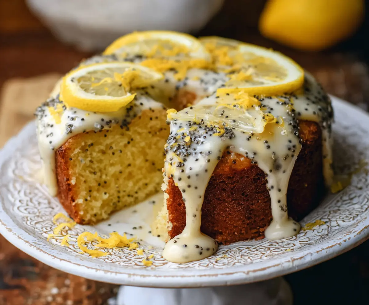 Delicious lemon poppy seed cake with a golden crust and fresh lemon slices on top.