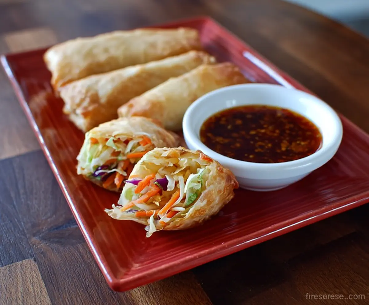 Delicious Lo Mein Spring Rolls filled with vegetables and noodles, ready to serve as a tasty appetizer.