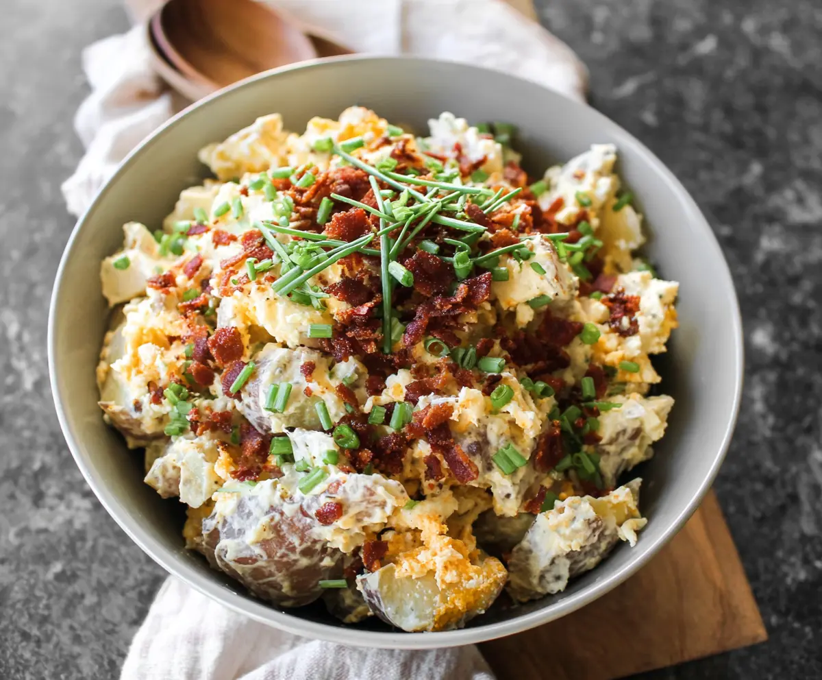 Creamy loaded potato salad topped with cheese, bacon, and green onions for a flavorful summer side dish.