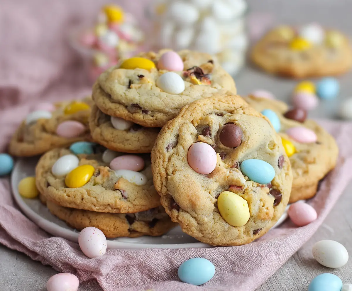 Delicious mini egg cookies with colorful chocolate eggs on top, perfect for Easter treats.