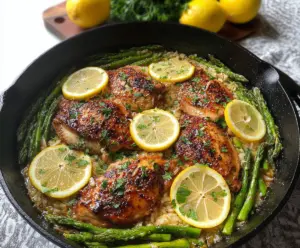 Delicious one pan lemon herb chicken with fresh asparagus on a white plate.