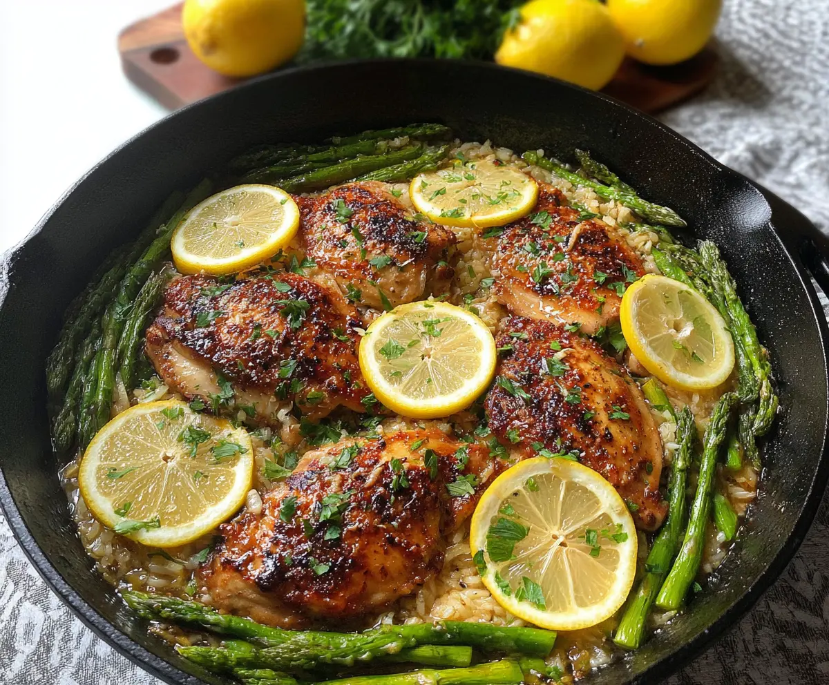 Delicious one pan lemon herb chicken with fresh asparagus on a white plate.