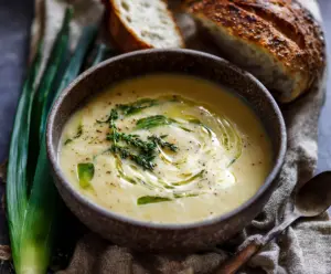 Hearty one pot leek and potato soup in a white bowl, garnished with herbs, served on a rustic wooden table.