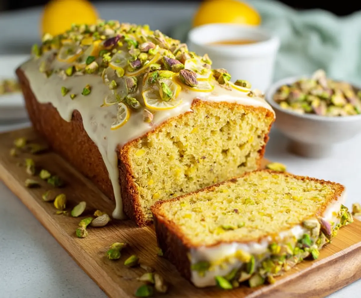 Delicious Pistachio Lemon Pound Cake with a moist texture and vibrant lemon glaze