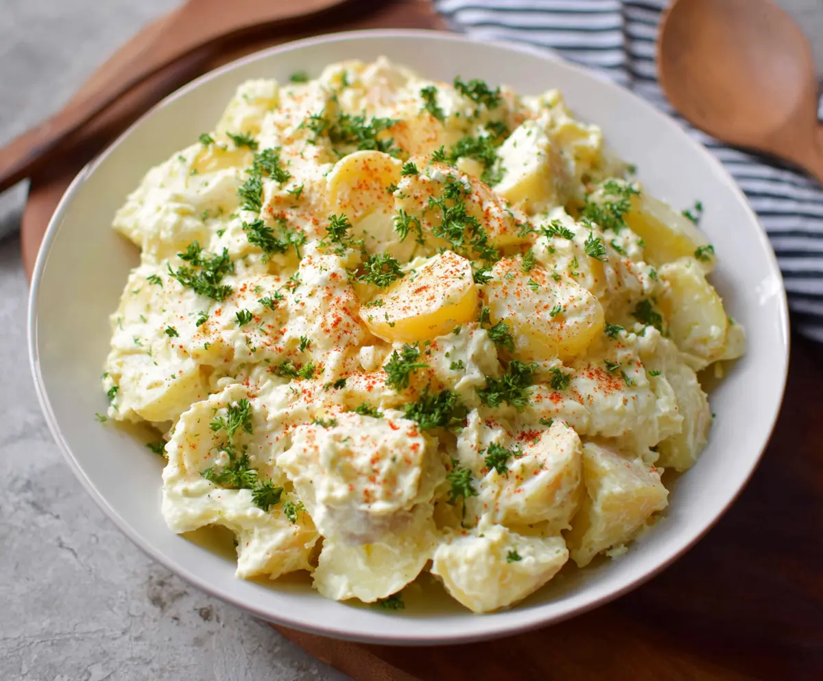 Creamy potato salad with fresh herbs and vegetables, perfect for summer picnics.