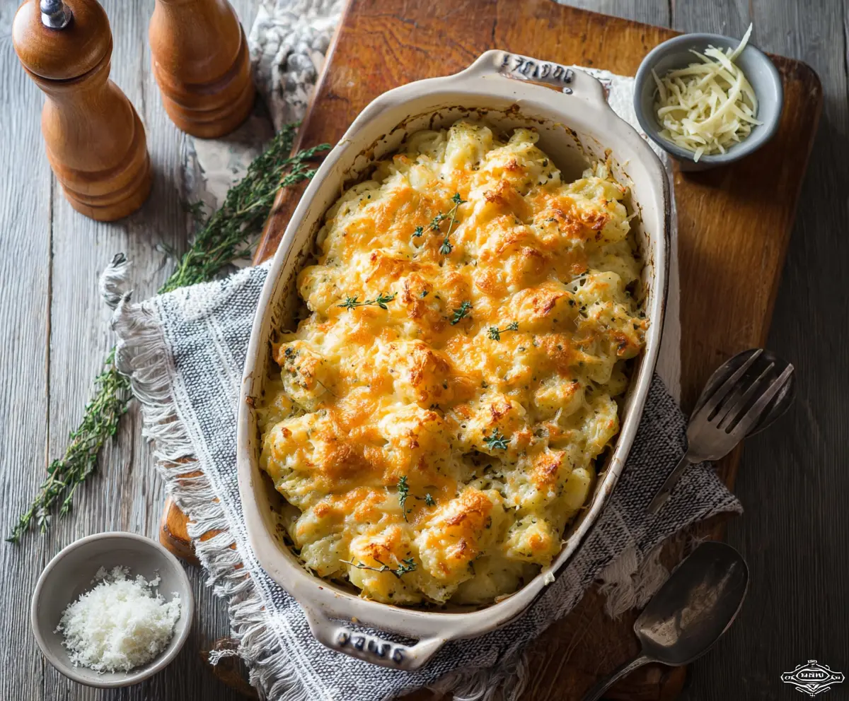 Creamy Potatoes Romanoff topped with melted cheese and fresh herbs.