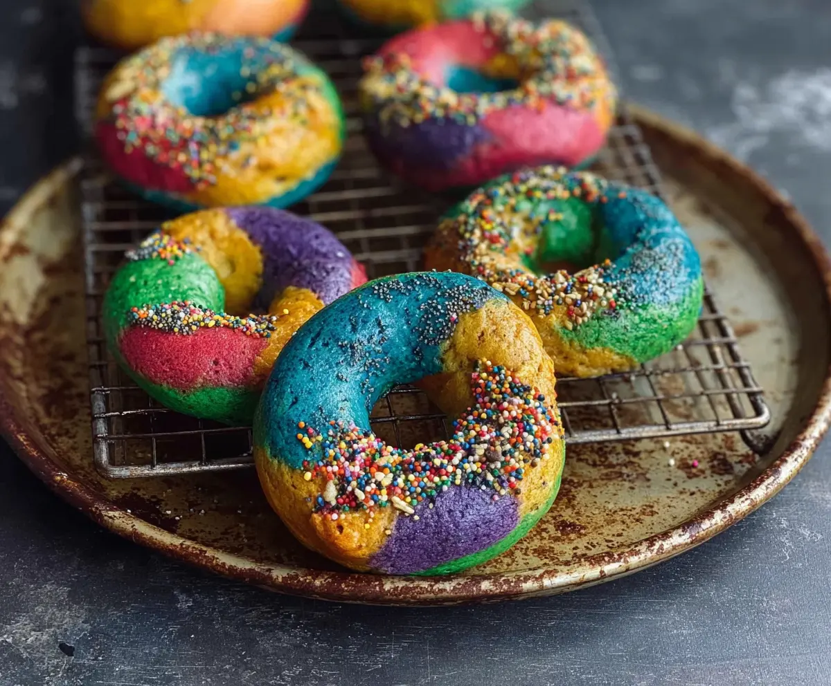 Colorful rainbow bagels with bright icing and sprinkles on a platter