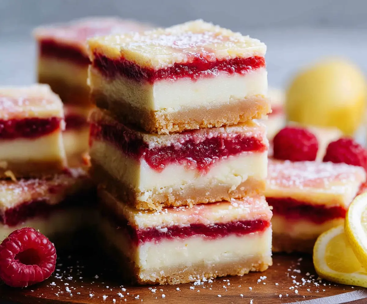 Delicious Raspberry Lemon Cheesecake Bars arranged on a serving platter with fresh raspberries and lemon slices.