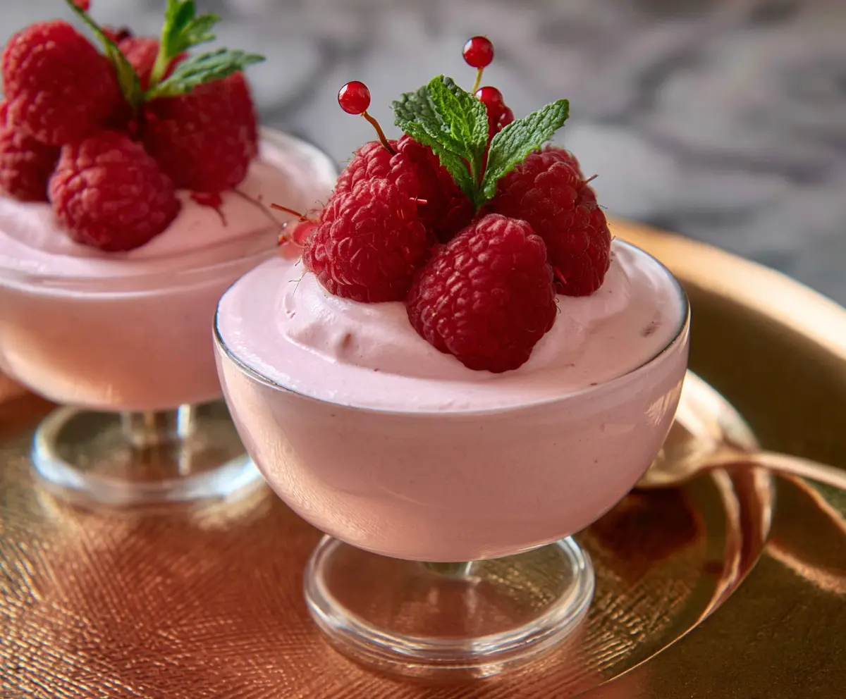 Delicious Raspberry Mousse dessert garnished with fresh raspberries and mint.