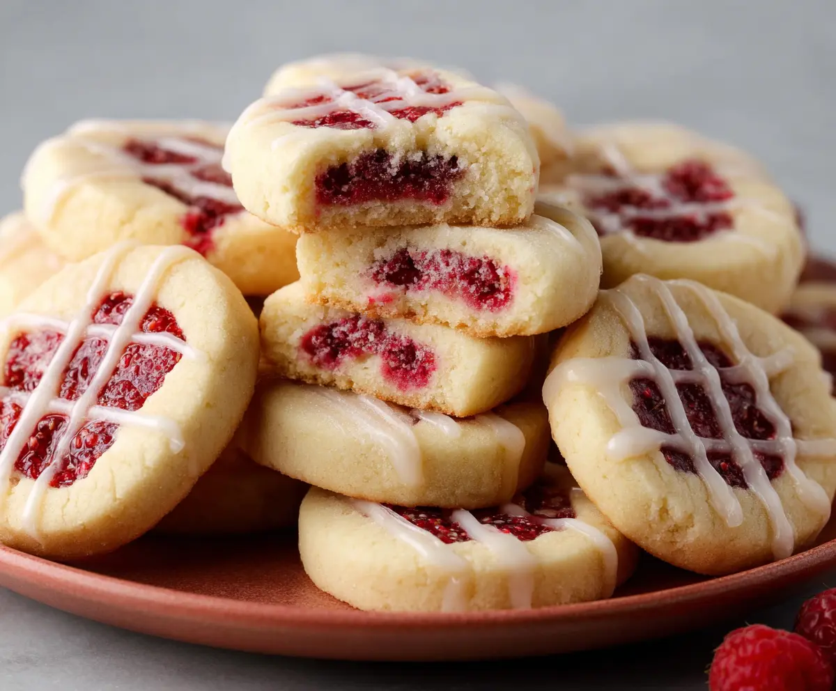 Delicious homemade raspberry shortbread cookies on a white plate, perfect for dessert or tea time.