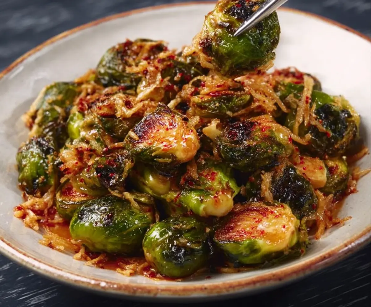 Delicious Red Lobster Brussels Sprouts garnished with fresh herbs on a white plate.