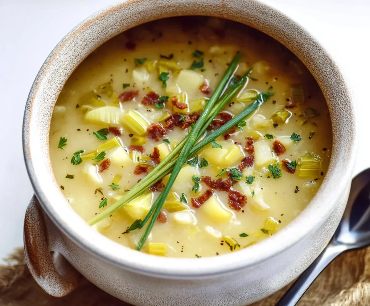 Delicious rustic potato leek soup served in a bowl with fresh herbs and crusty bread.