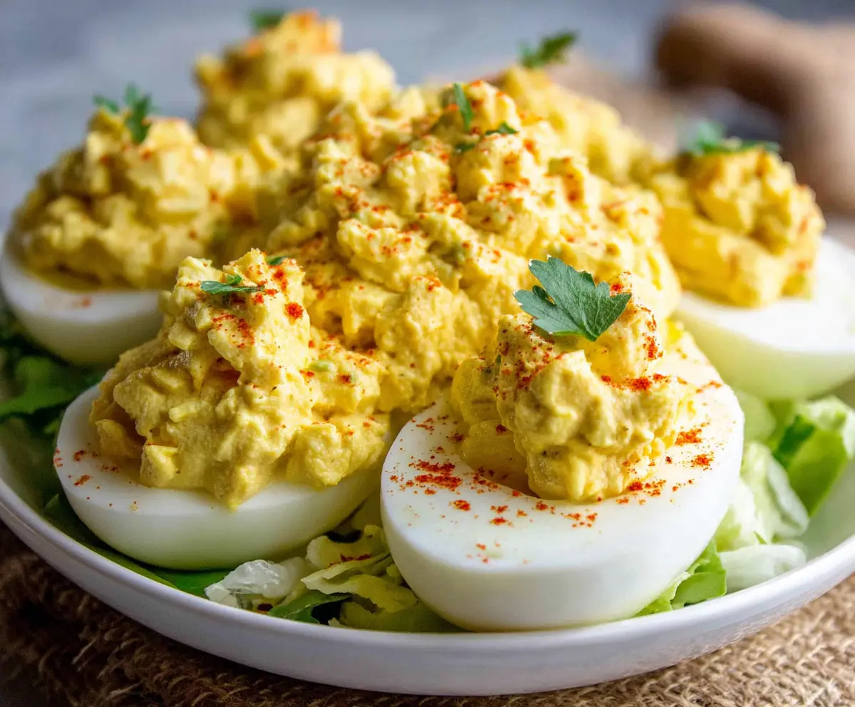 Salad Deviled Eggs on a plate with fresh greens and cherry tomatoes, perfect for a light appetizer or snack.