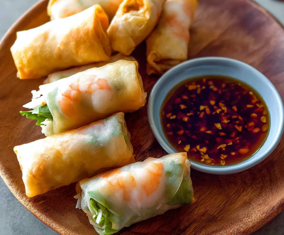 Delicious shrimp and pork spring rolls on a plate, perfect for appetizer or snack.