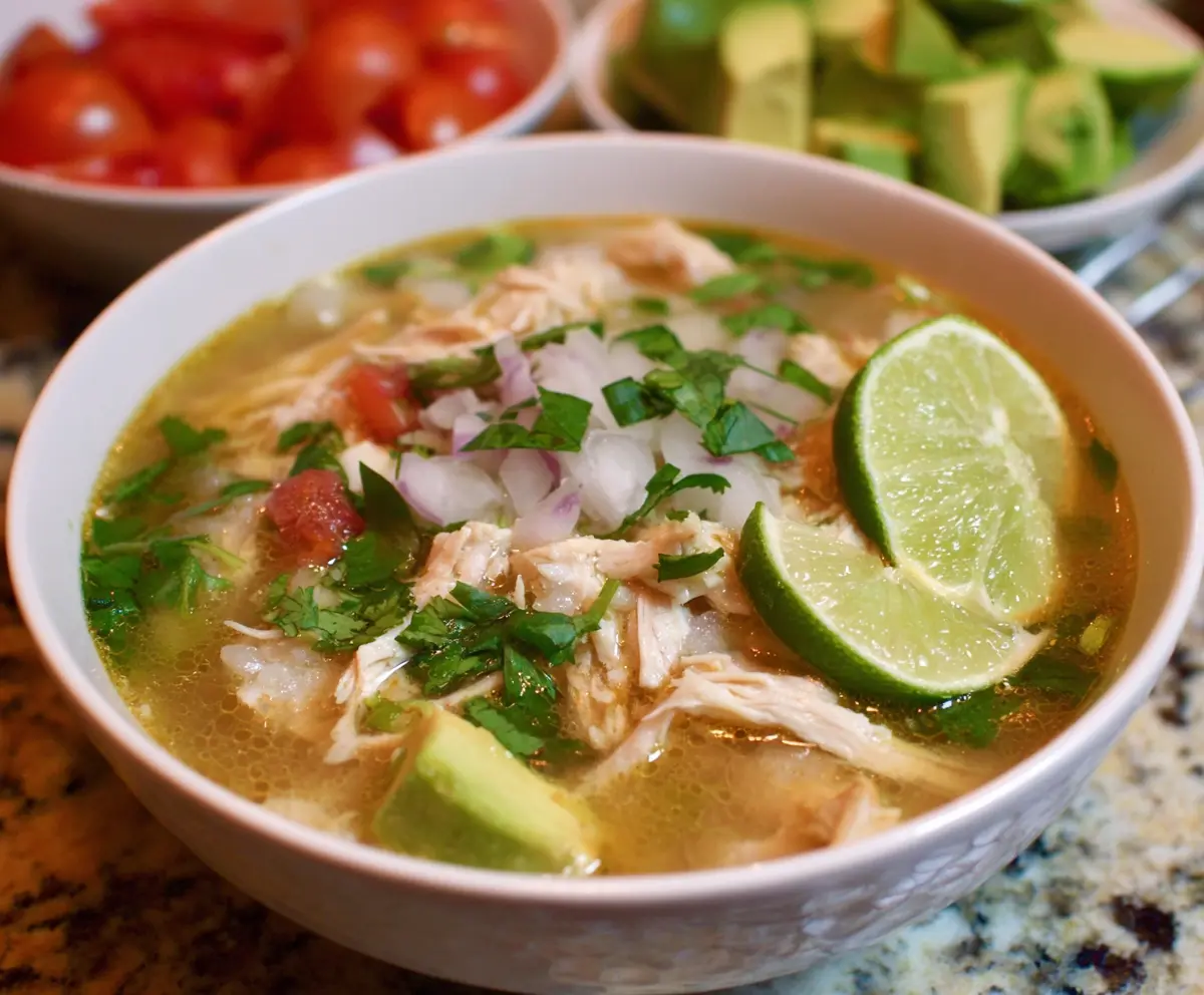 Delicious slow cooker Mexican chicken lime soup garnished with fresh cilantro and lime wedges.