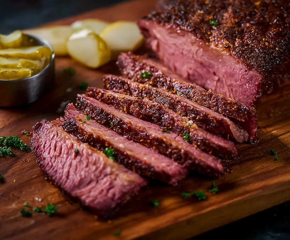 Delicious smoked corned beef served with vegetables and herbs.