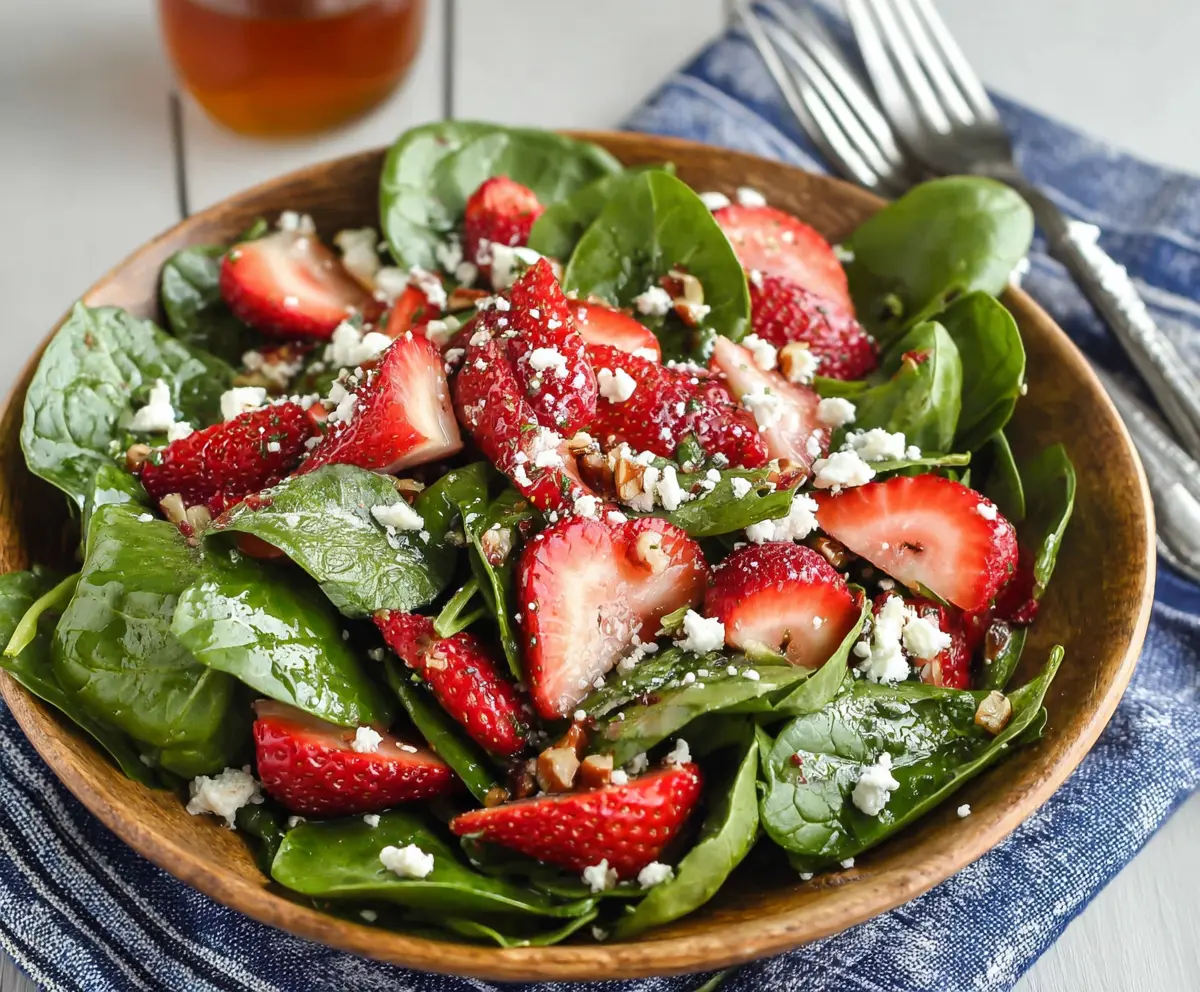 Fresh spinach and juicy strawberries in a vibrant spinach strawberry salad.