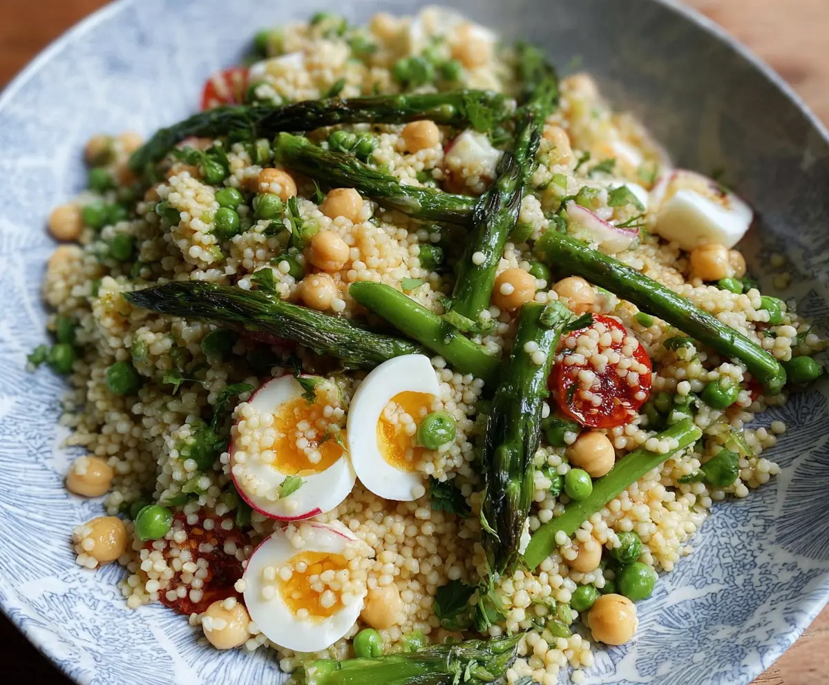 Colorful spring couscous salad with fresh vegetables and herbs served in a bowl.