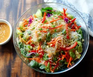 Fresh spring roll salad with vibrant vegetables and herbs drizzled with spicy ginger dressing.