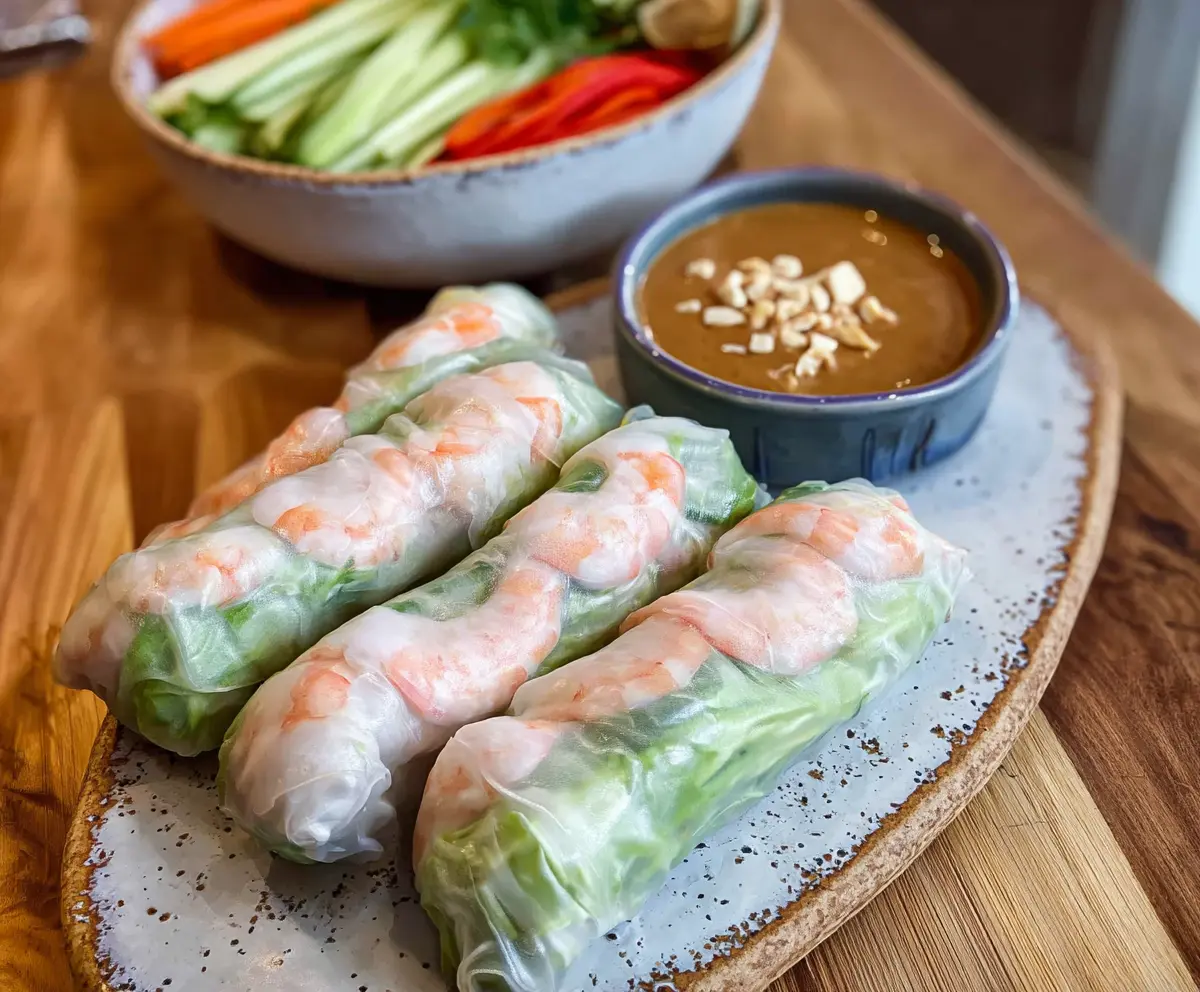Fresh spring rolls filled with vegetables and herbs served with creamy peanut sauce on a white plate.