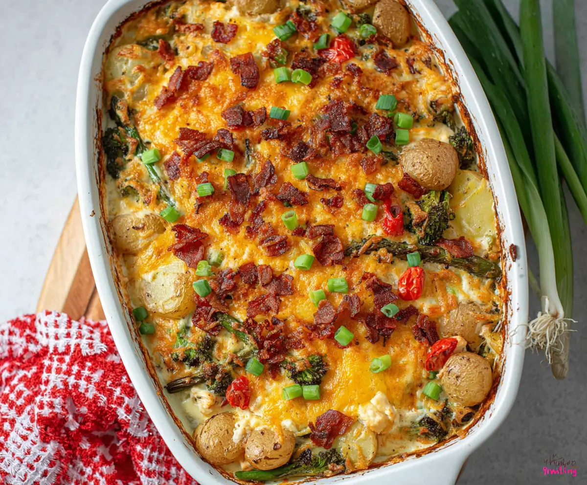 Baked spring veggie loaded chicken potato casserole with fresh vegetables and melted cheese.
