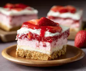 Delicious strawberry cheesecake bars with a creamy topping and fresh strawberries on top.