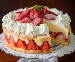Delicious strawberry custard cake with fresh strawberries and creamy custard topping.