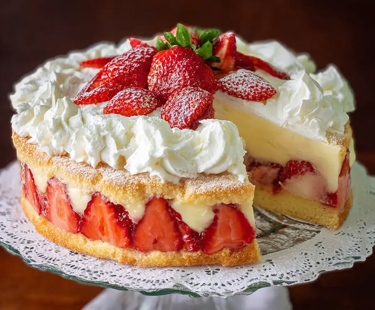 Delicious strawberry custard cake with fresh strawberries and creamy custard topping.