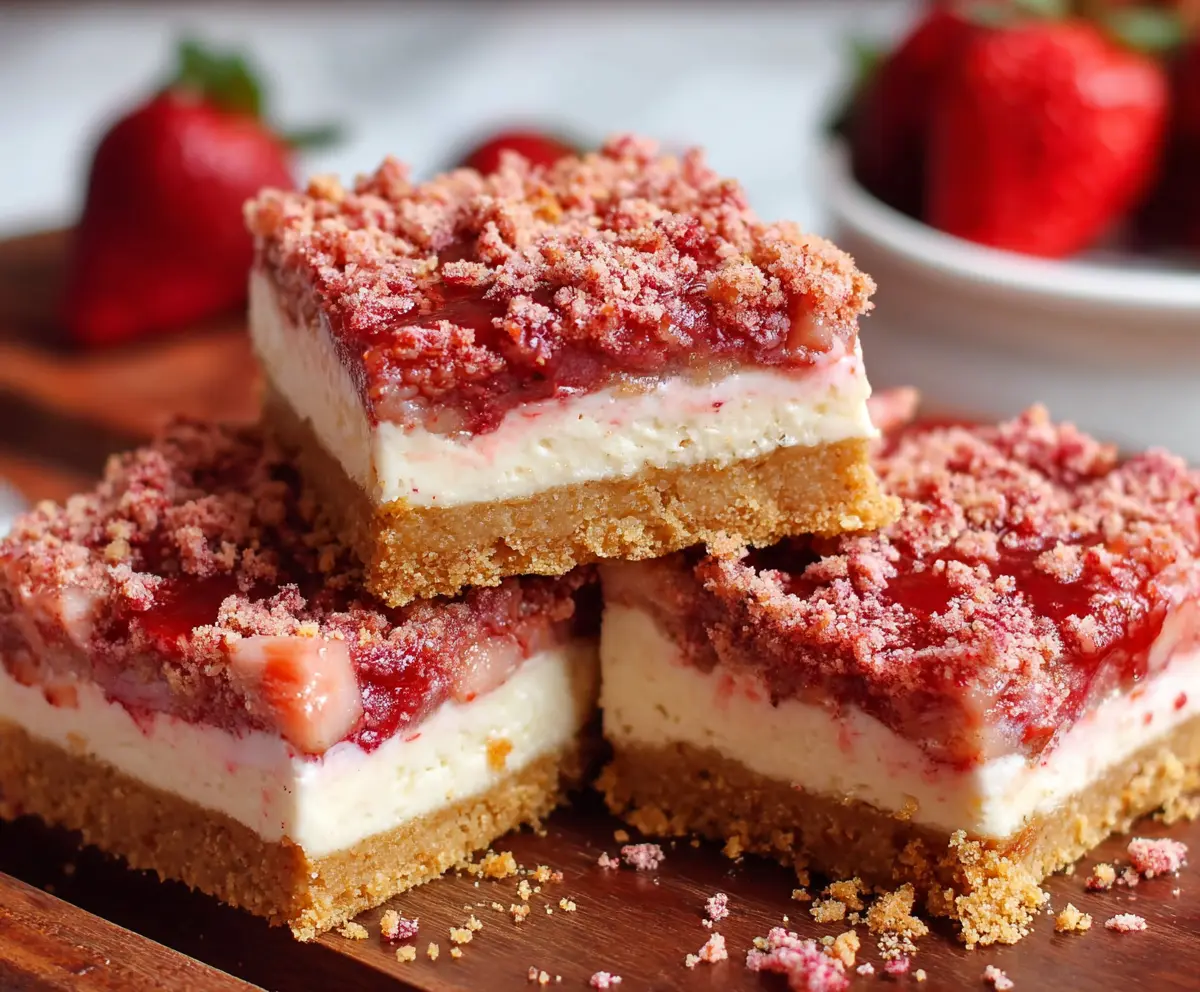 Delicious strawberry shortcake cheesecake bars with fresh strawberries and creamy cheesecake on a plate.