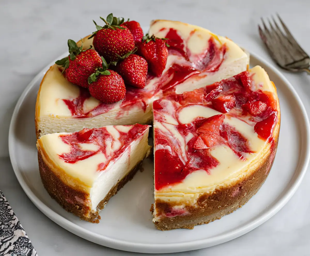 Delicious Strawberry Swirl Cheesecake with vibrant red fruit swirl on creamy cheesecake base