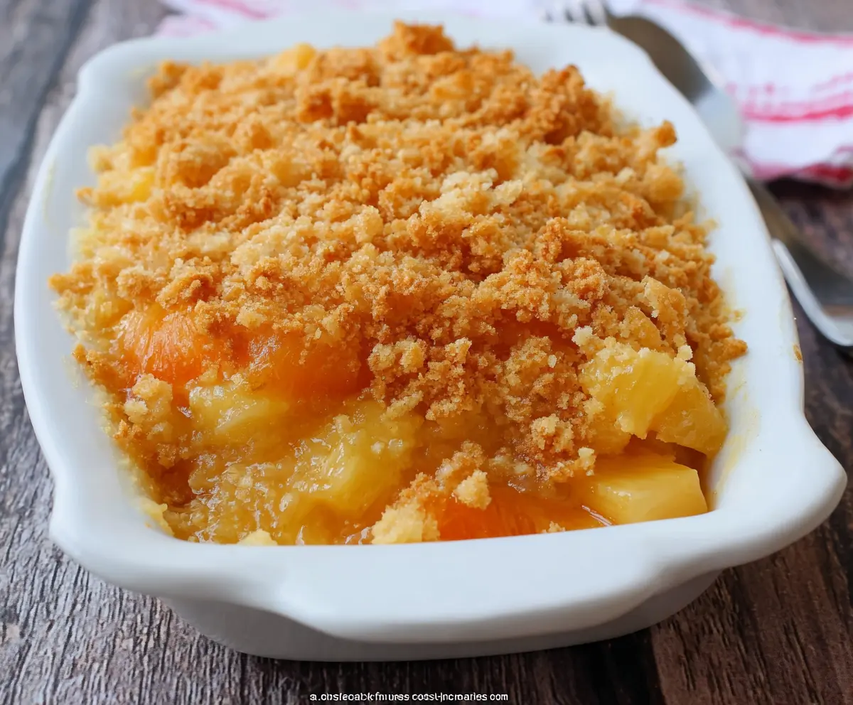 Delicious sweet and sour pineapple casserole with golden-brown topping served on a white plate
