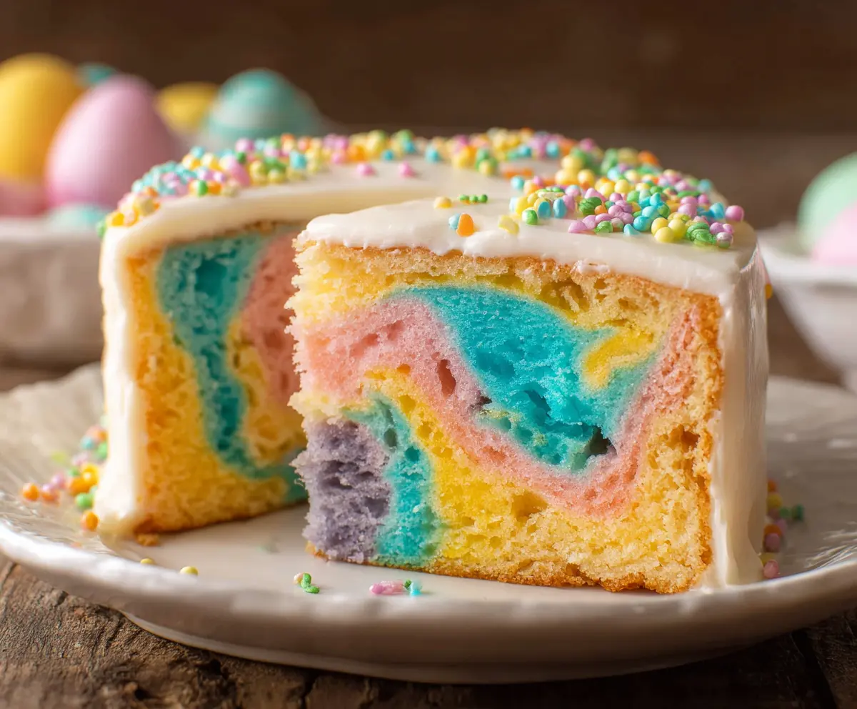 Delicious swirled Easter cake with colorful frosting and festive decoration.